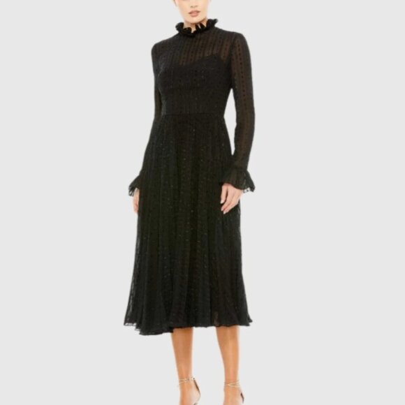 Ieena for Mac Duggal  Black Embroidered Long Sleeve Ruffle Dress 6 nwt - Picture 1 of 3